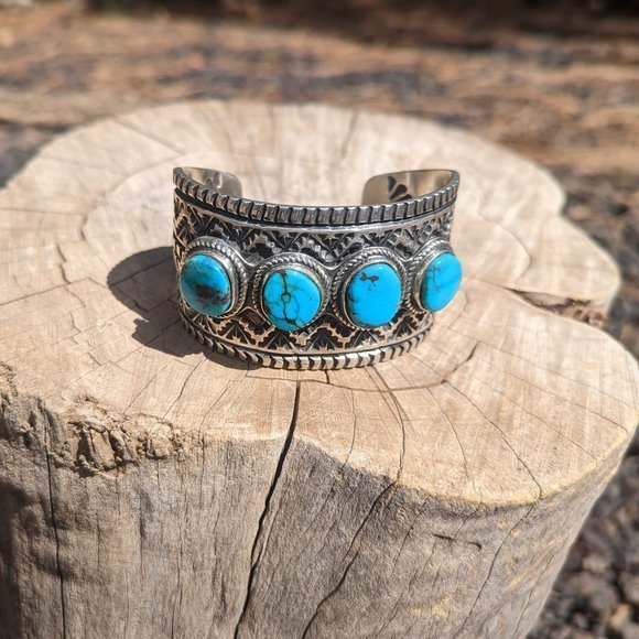Native American Sterling Silver Turquoise Bracelet signed Elvira Bill sz 7.25*** - Picture 1 of 9